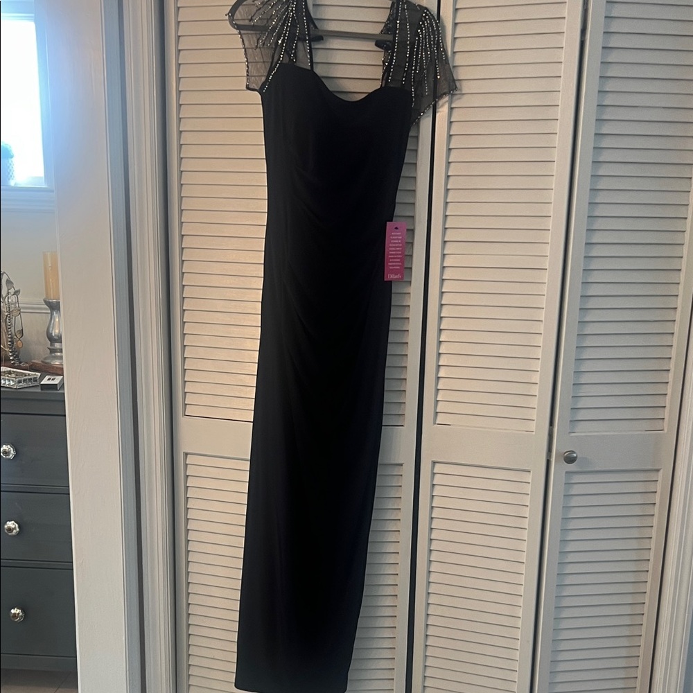 Betsy & Adam Black Maxi Dress with Beaded Mesh Shoulders